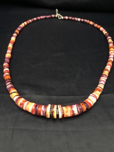 Orange Purple Spiny Oyster Necklace | Navajo Sterling Silver | Authentic Native American Jewelry | 20"