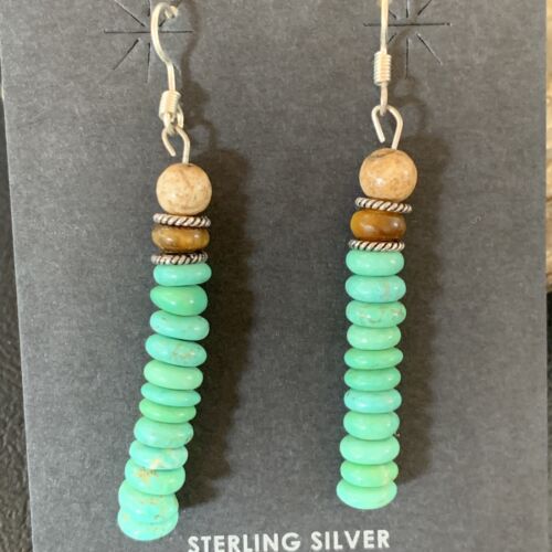 Navajo Green Turquoise & Picture Jasper Bead Earrings | Sterling Silver | Authentic Native American Handmade | 4080