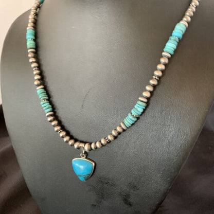 Navajo Pearl Necklace with Blue Kingman Turquoise Pendant | Sterling Silver | Authentic Native American Handmade | 12551