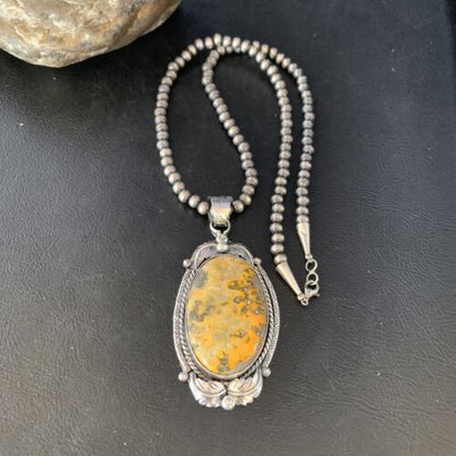 Navajo Bumblebee Jasper Pendant Necklace | Sterling Silver | Authentic Native American Handmade | 14202