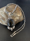 Native American Men's Navajo Pearls Necklace Pendant | Sterling Silver Black Onyx | 13093