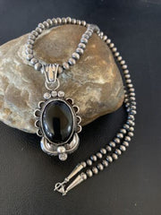 Native American Men's Navajo Pearls Necklace Pendant | Sterling Silver Black Onyx | 13093