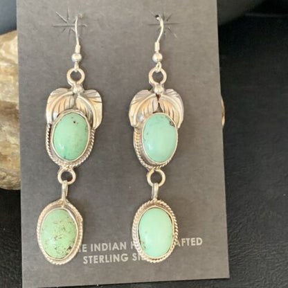 Navajo Green Spiderweb Turquoise Dangle Earrings | Sterling Silver | Authentic Native American Handmade | 13548
