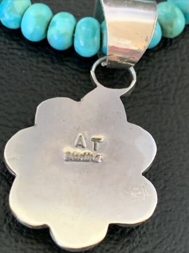 Navajo Blue Turquoise Pendant Necklace | Sterling Silver Pearls | Authentic Native American Handmade | 13216