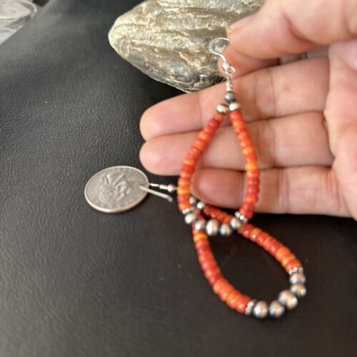 Southwestern Red Spiny Oyster Bead Earrings | Navajo Sterling Silver | Authentic Native American Handmade | 14372
