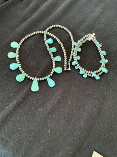 Navajo Pearls Sterling Silver Necklace & Bracelet Set | Blue Turquoise | Authentic Native American Handmade | 516