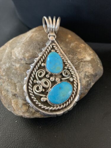 Navajo Blue Turquoise Cluster Pendant | Sterling Silver | 3" | Authentic Native American Handmade | 02103
