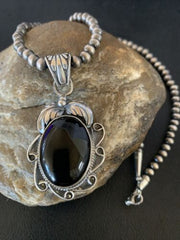 Native American Men's Navajo Pearls Necklace with Black Onyx Pendant | Sterling Silver | 13089