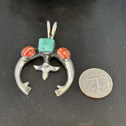 Navajo Blue Turquoise Red Spiny Oyster Naja Pendant | Sterling Silver | Authentic Native American Handmade | 14679