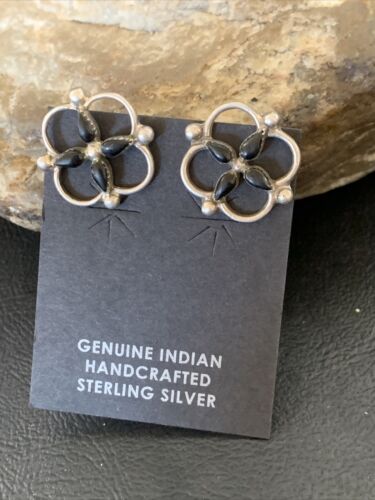 Navajo Black Onyx Stud Post Earrings | Sterling Silver | 0.5" | Authentic Native American Handmade | 12644