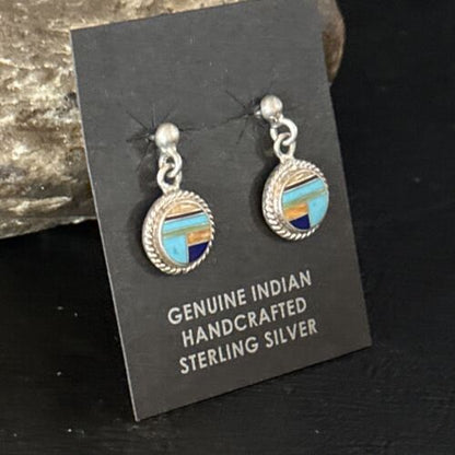 Navajo Multi-Color Turquoise Spiny Lapis Inlay Earrings | Sterling Silver | Authentic Native American Handmade | 14653