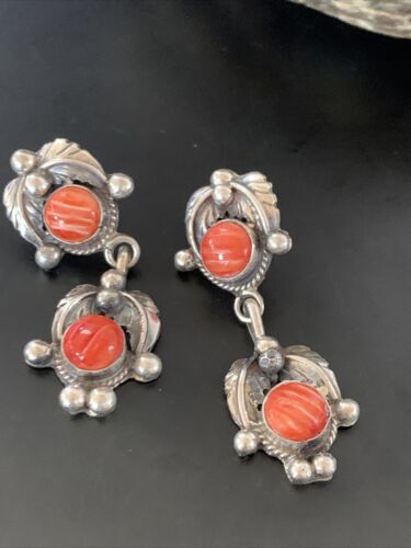 Navajo Red Spiny Oyster Dangle Earrings | Sterling Silver | Authentic Native American Handmade | 2060
