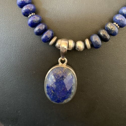 Navajo Sterling Silver Bead Necklace | Lapis Lazuli Faceted Pendant | Authentic Native American Handmade | 11367