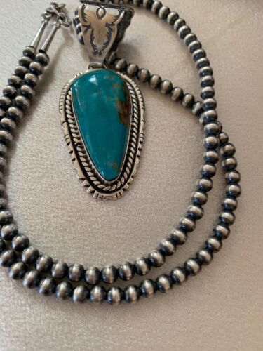 Navajo Kingman Turquoise Necklace Pendant Set | Sterling Silver | Authentic Native American Handmade | 2992