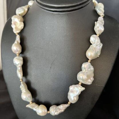 Native American White Baroque Pearl Necklace | Gold Filled Beads | 20" | 14236 - Masha USA