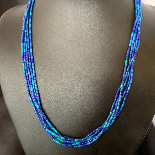 Blue Green Azurite Heishi Necklace | 5 Strand Stabilized Sterling Silver Pendant | 12930