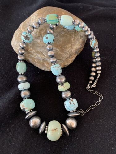 Sterling Silver Navajo Pearls Necklace | Dry Creek Turquoise Beads | Native American Handmade |21" | 01387