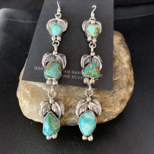 Navajo Sonoran Gold Turquoise Earrings | Sterling Silver | 3 Dangle | Authentic Native American Handmade | 13924