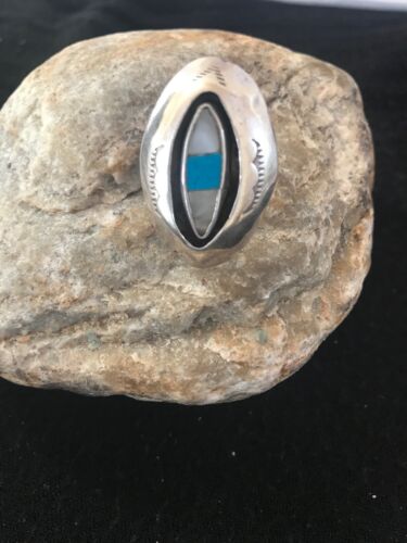 Navajo Kingman Turquoise & Mother of Pearl Ring | Sterling Silver Shadow Box | Sz 9 | 10207