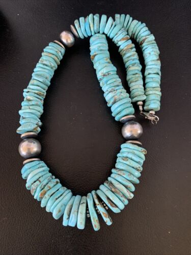 Authentic Native American Navajo Sterling Silver Necklace | Natural Turquoise #8 | Graduated Design | 28" | 13212