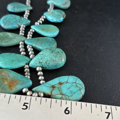 Navajo Teardrop Blue Turquoise Necklace | Sterling Silver Pearls | Authentic Native American Handmade | 14389