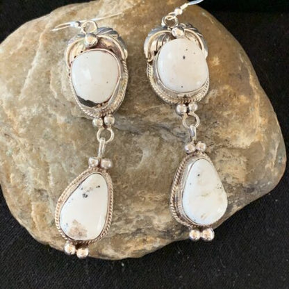 Navajo White Buffalo Turquoise Dangle Earrings | Sterling Silver | 2.50" | Authentic Native American Handmade | 1665