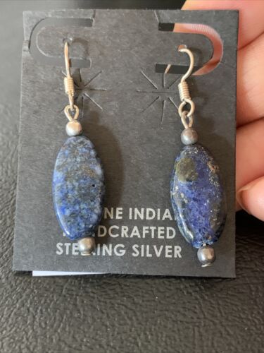 Navajo Blue Lapis Lazuli Bead Dangle Drop Earrings | Sterling Silver | Authentic Native American Handmade | 13062