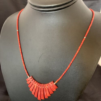 Navajo Apple Coral Heishi Fan Bead Necklace | Sterling Silver Tube | 20" | Authentic Native American Handmade | 10476 - Masha USA