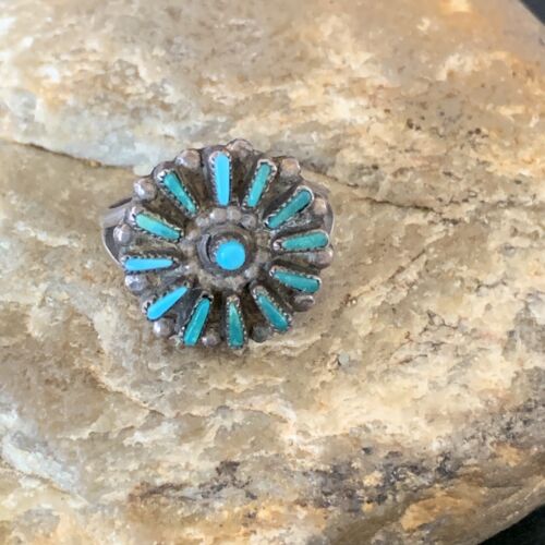 Zuni Blue Turquoise Multi-Stone Cluster Ring | Authentic Native American Sterling Silver Needle Point | Sz 7 | 10741