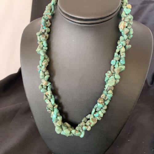 US Braid 3S Green Turquoise Nugget Sterling Necklace Navajo Pearls 20” 11833