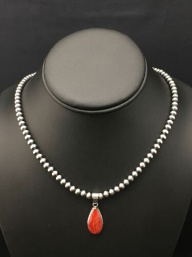 Navajo Red Spiny Oyster Pendant Necklace | Sterling Silver | Authentic Native American Handmade | 4414