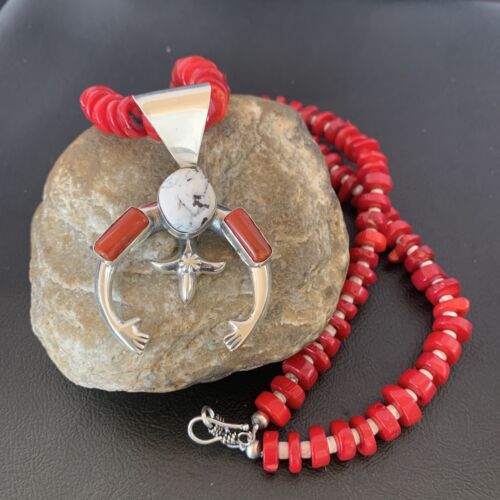 Navajo White Buffalo Turquoise Coral Naja Pendant | Sterling Silver | Authentic Native American Handmade | 10253