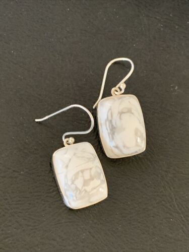 Navajo Sterling Silver White Howlite Black Dangle Rectangle Earrings | 0.75" | 12070