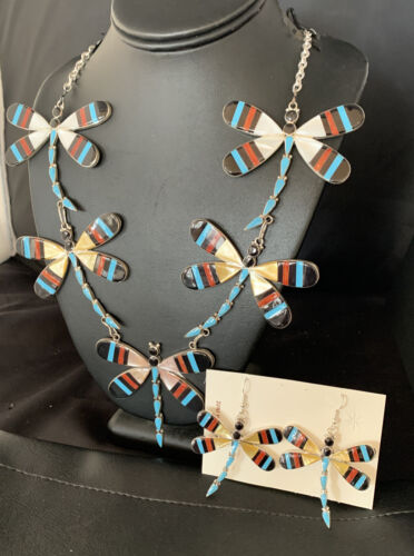 Zuni Dragonfly Necklace Earrings Set | Turquoise Onyx Inlay | Sterling Silver | Authentic Native American Handmade | 14213