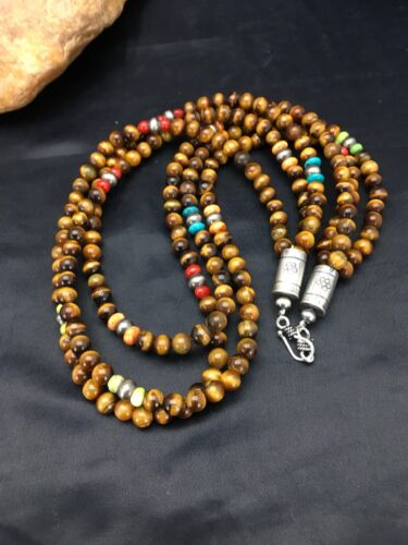 Southwestern Turquoise & Tiger's Eye Necklace | 3 Strand | Sterling Silver | 2616