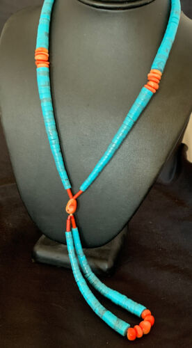 Southwestern Santo Domingo Pink Coral Blue Turquoise Jacla Necklace | 20" | Authentic Native American Handmade | 12515