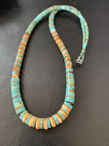Navajo Green Turquoise & Orange Spiny Oyster Graduated Heishi Necklace | Sterling Silver | Authentic Native American | 20" | 11774