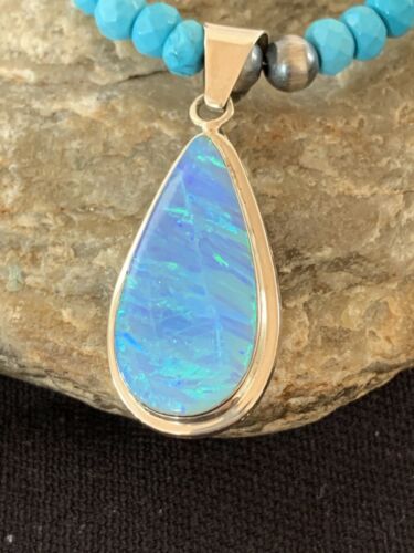 Navajo Blue Turquoise Necklace with Opal Pendant | Sterling Silver | Authentic Native American Handmade | 566