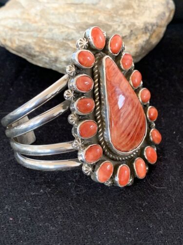 Navajo Spiny Oyster Cluster Cuff Bracelet | Sterling Silver | Authentic Native American Handmade | 4954
