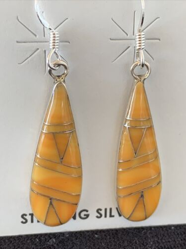 Navajo Orange Spiny Oyster Inlay Earrings | Sterling Silver | 1.5" | Authentic Native American Handmade | 976