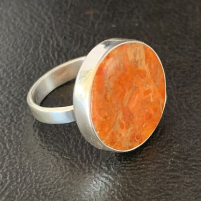 Native American Women's Apple Coral Sponge Ring | Sterling Silver | Sz 8 | 14046