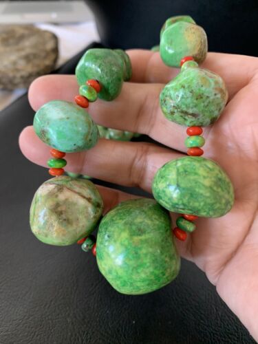 Southwestern Chunky Green Turquoise & Coral Necklace | Sterling Silver | Authentic Native American | 18" | 01843