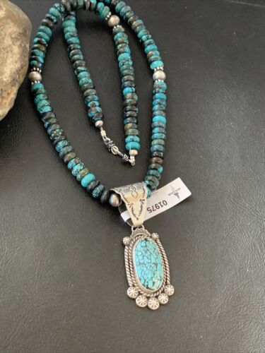 Men's Navajo Spiderweb Kingman Turquoise Pendant Necklace | Sterling Silver | Native American Handmade | 01975
