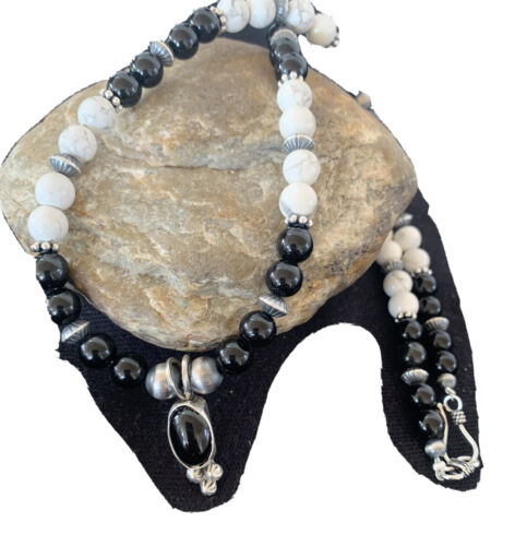 Navajo Black Onyx & White Buffalo Pendant Necklace | Sterling Silver | Authentic Native American Handmade | 01099