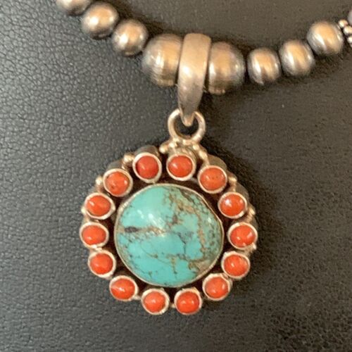 Southwestern Navajo Multi-Stone Necklace | Turquoise Coral Pendant | Sterling Silver | 21" | 12581