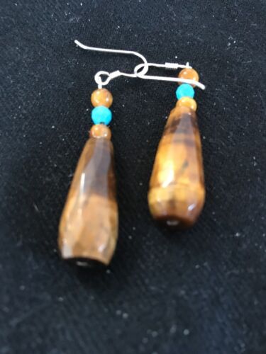 Navajo Sterling Silver Faceted Tiger's Eye Turquoise Dangle Earrings | Authentic Native American Handmade | 1995