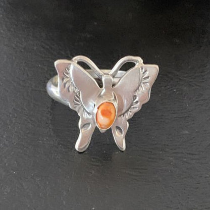 Navajo Orange Spiny Oyster Butterfly Ring | Sterling Silver | Sz Adj 8 | Authentic Native American Handmade | 10343