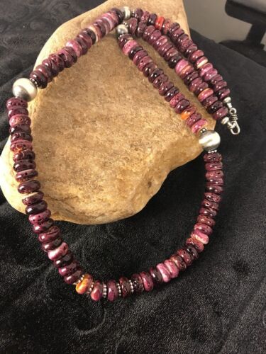 Navajo Purple Spiny Oyster Bead Necklace | 10mm | Sterling Silver | Authentic Native American Handmade | 23" | 409