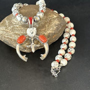 Navajo White Buffalo Turquoise Coral Naja Pendant Necklace | Sterling Silver | 22" | 14690