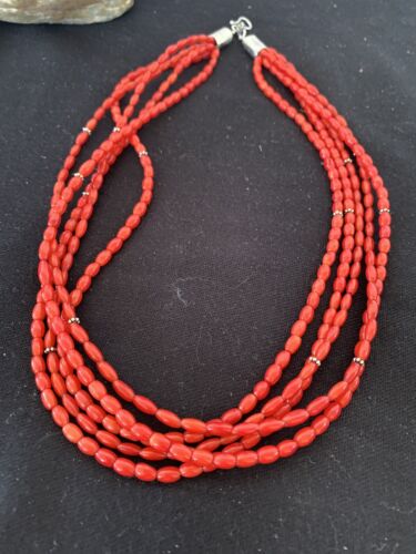 Native American Navajo 5-Strand Red Coral Necklace | Sterling Silver | Authentic Handmade | 01140